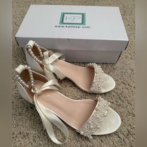 Women's Pearl Embellished White Heeled Sandals, bridal shoes, wedding heels